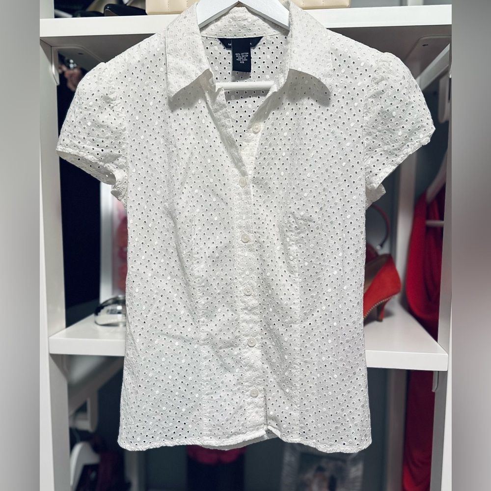 Moda International Eyelet Button Down with Embroidered Swiss Dots